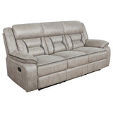 Greer Upholstered Motion Reclining Sofa Brown