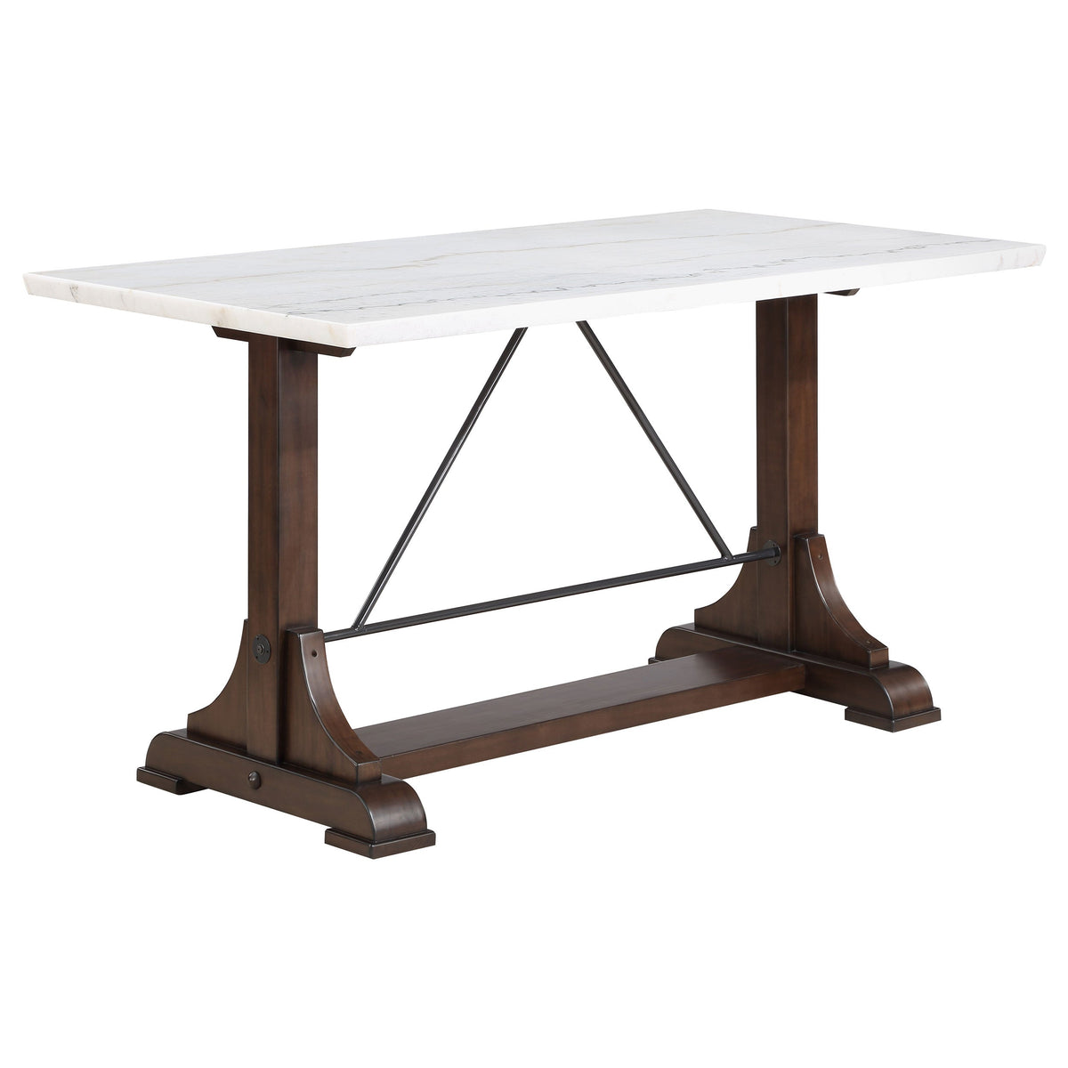 Aldrich Counter Height Trestle Base Dining Table with Genuine White Marble Top and Dark Brown