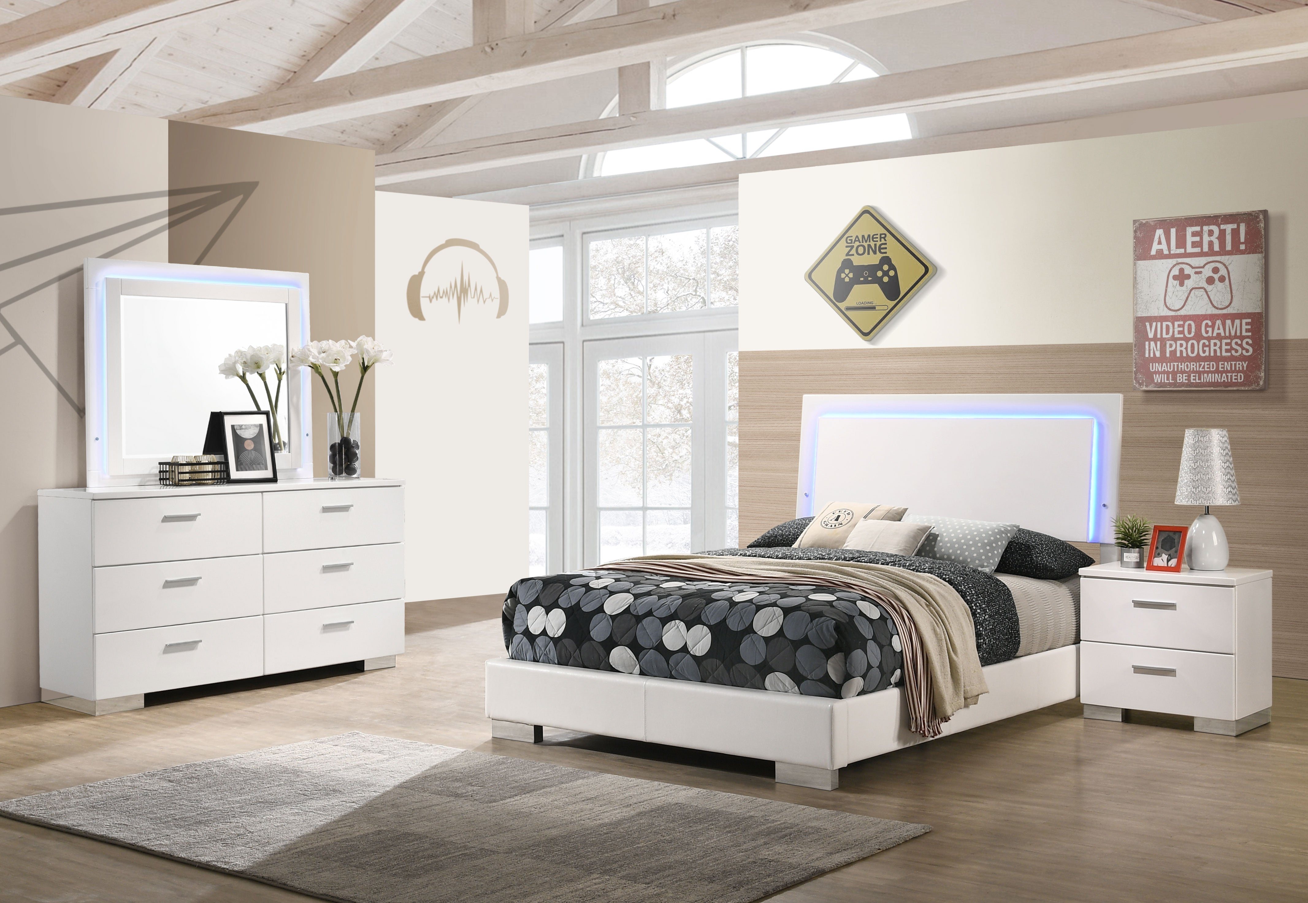 Felicity   Bedroom Set with LED Headboard and Mirror Glossy White