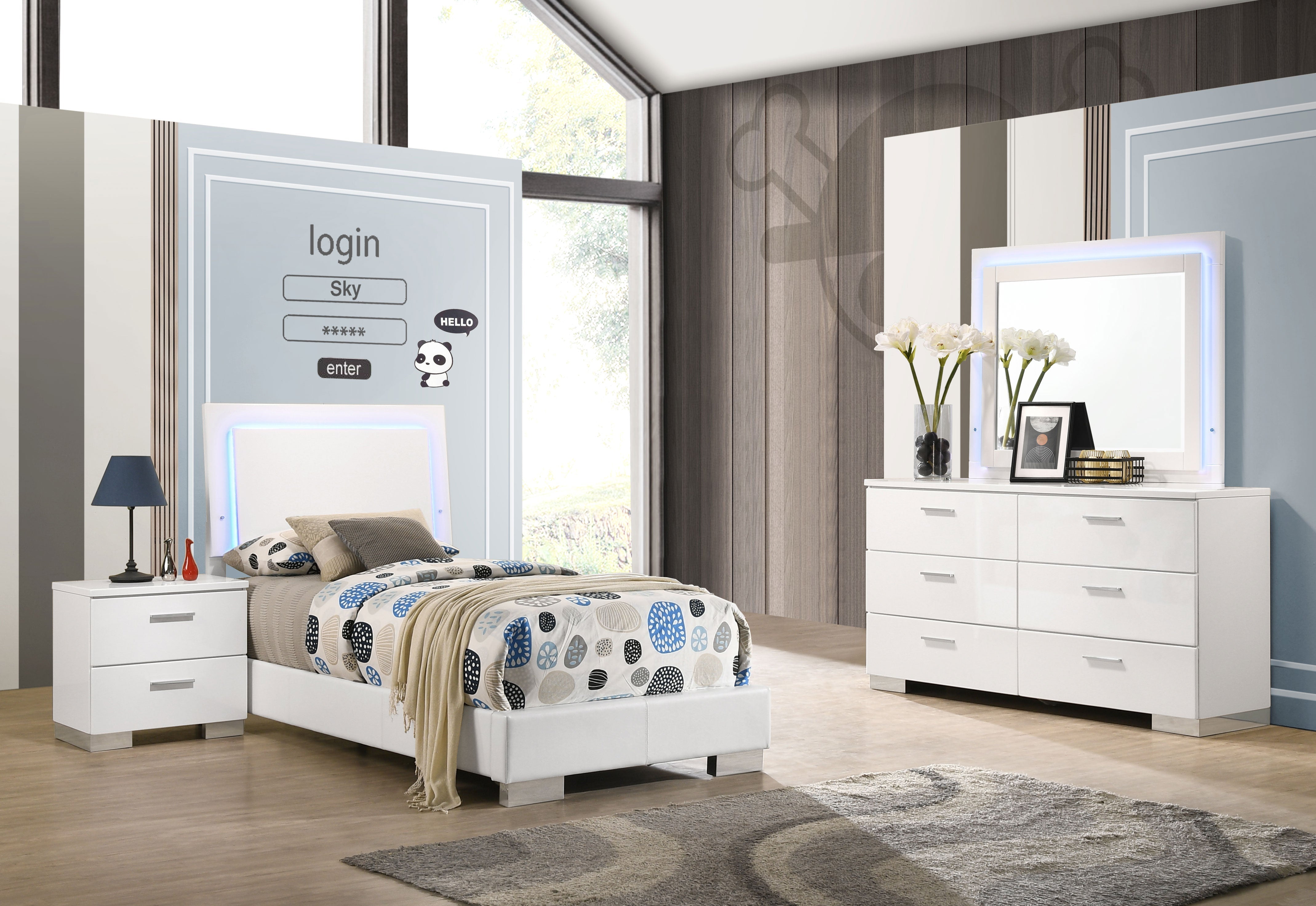 Felicity   Bedroom Set with LED Headboard and Mirror Glossy White