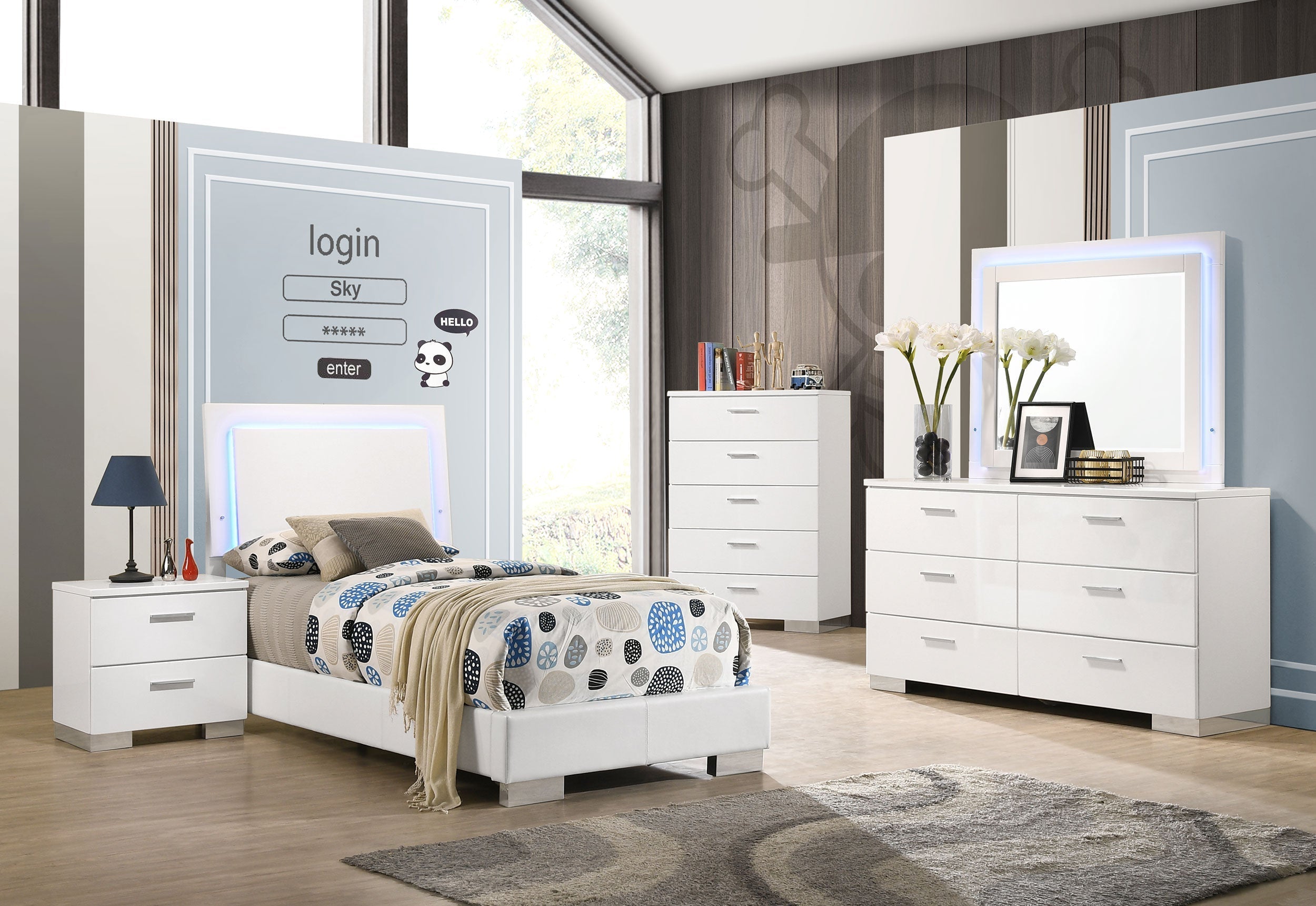 Felicity   Bedroom Set with LED Headboard and Mirror Glossy White