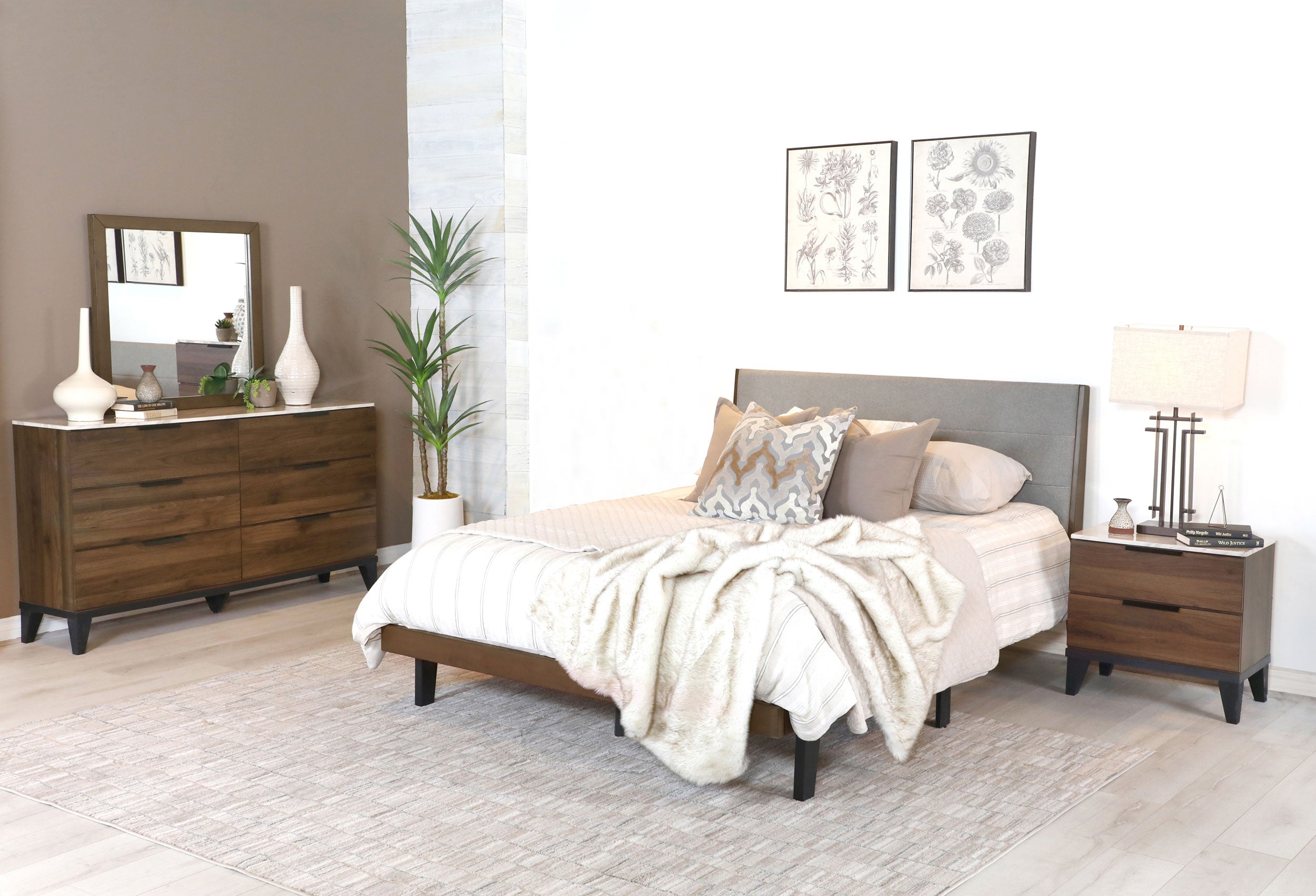 Mays  Upholstered  Bedroom Set Walnut Brown and Grey