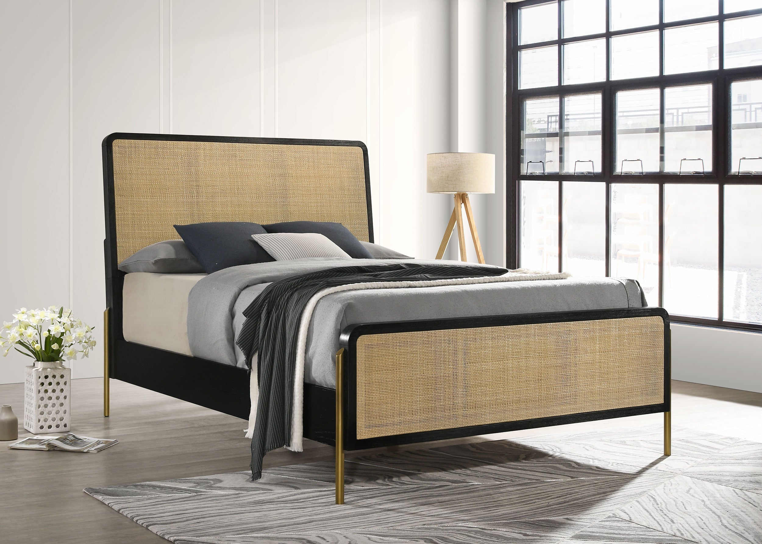 Arini  Bed with Woven Rattan Headboard Black and Natural