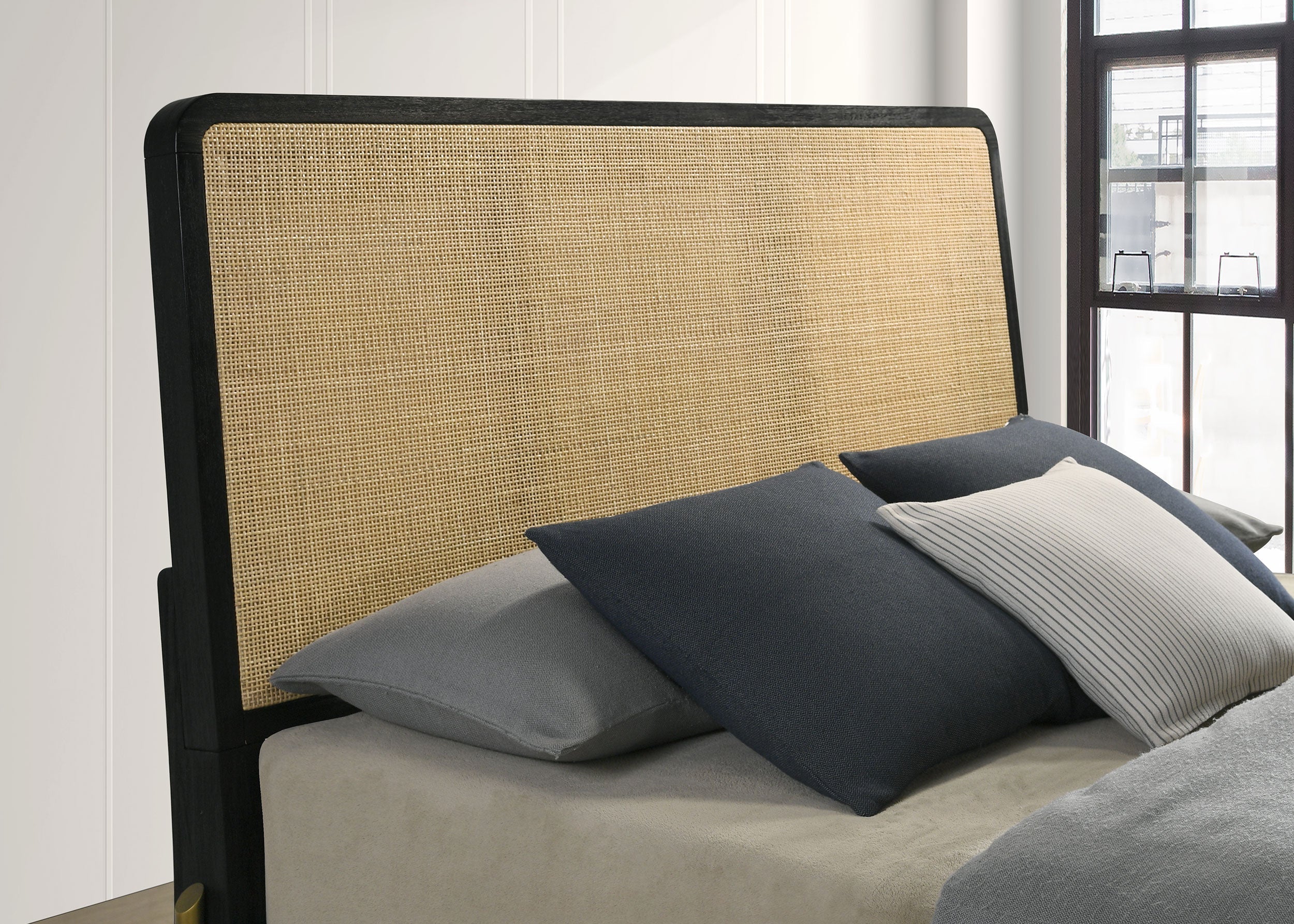 Arini  Bed with Woven Rattan Headboard Black and Natural