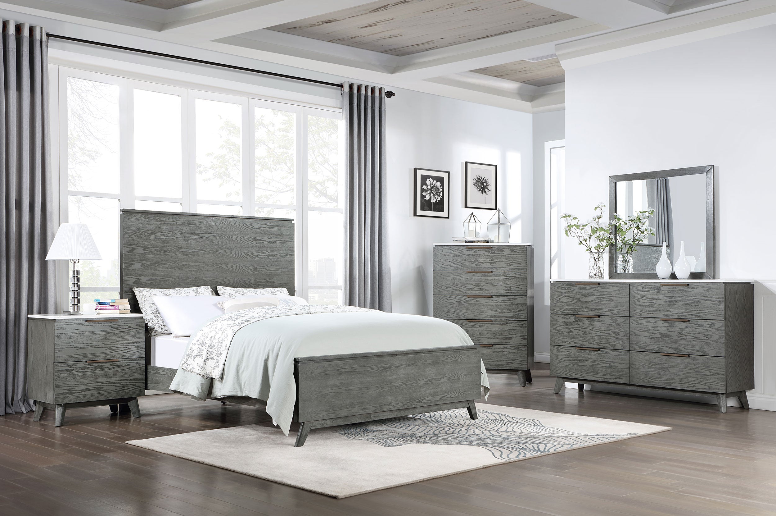 Nathan   Bedroom Set White Marble and Grey