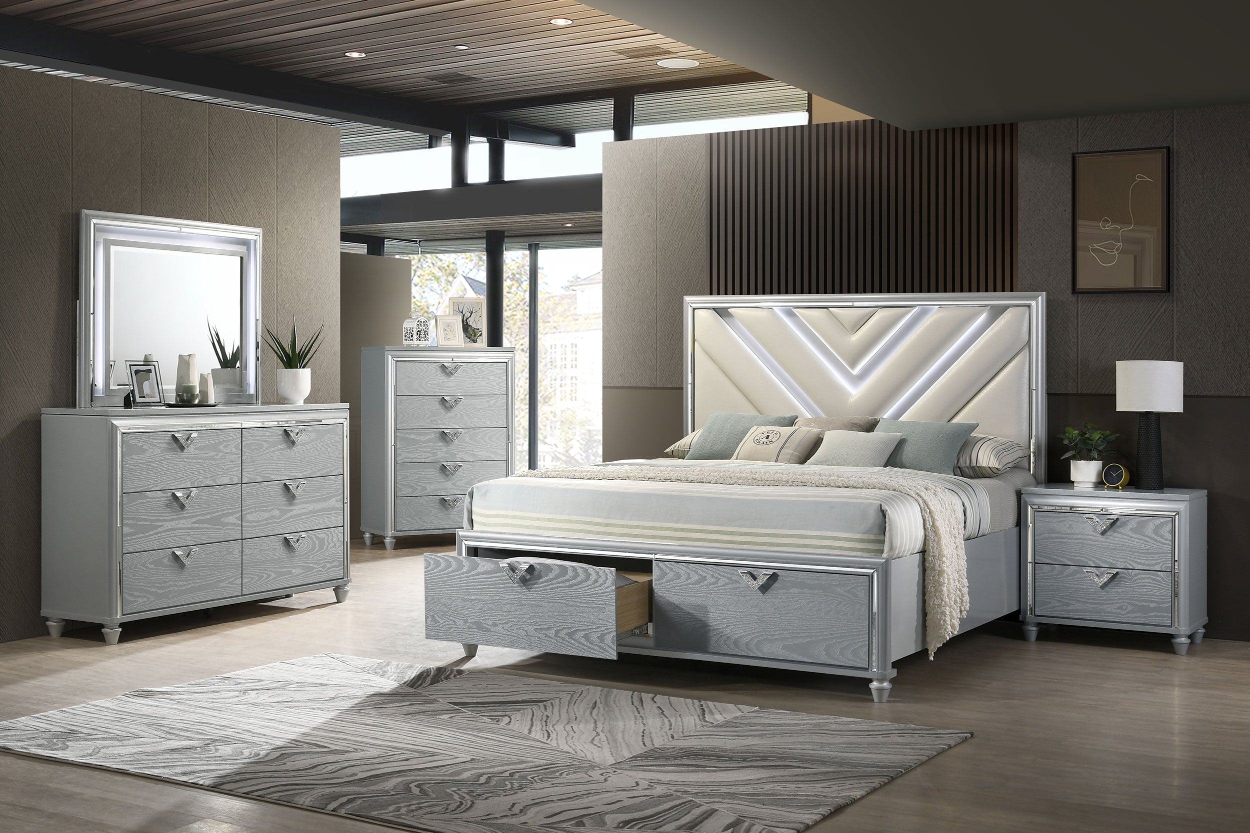 Veronica   Bedroom Set with Upholstered LED Headboard Light Silver