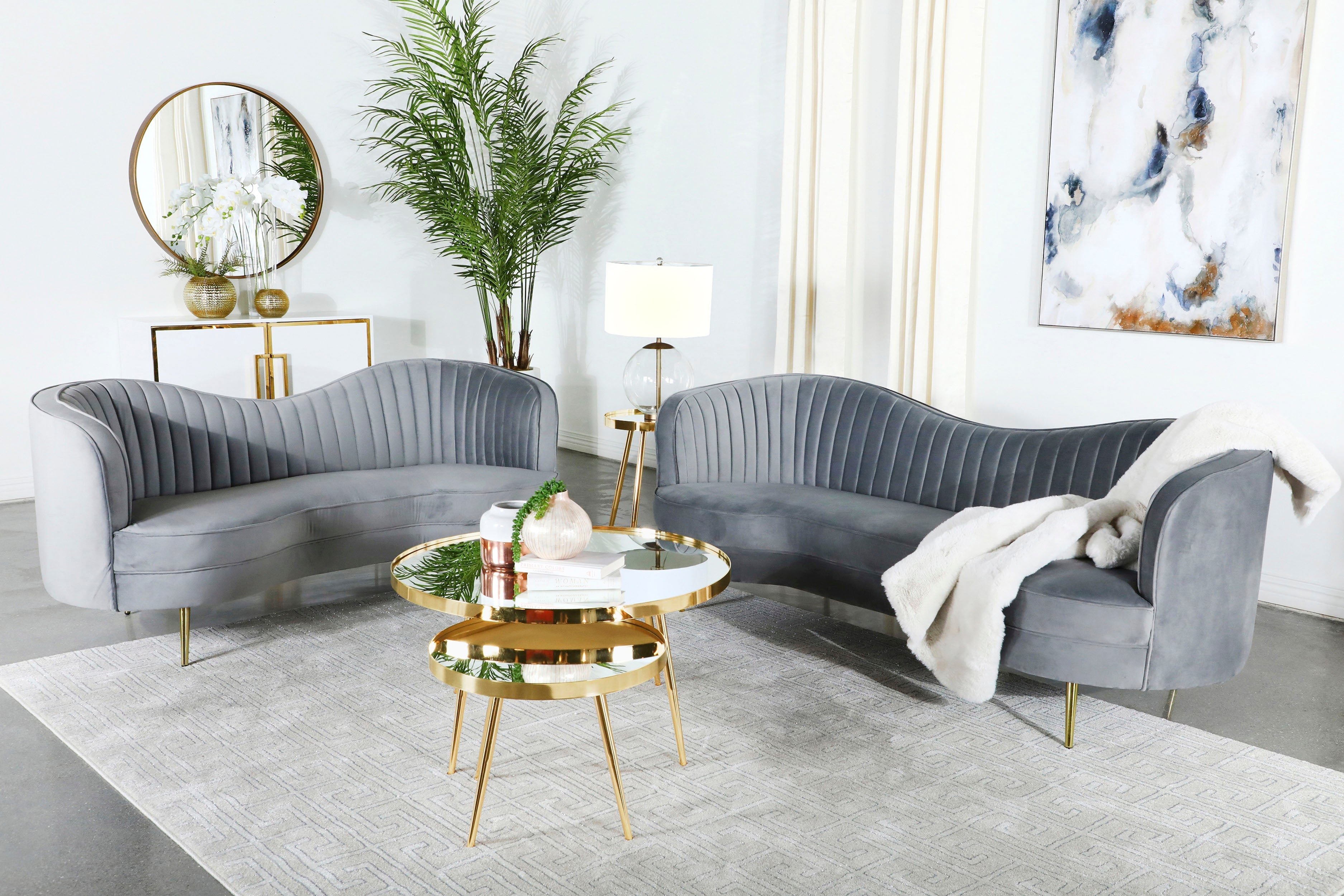 Sophia  Upholstered Channel Tufted Sofa Set Blue