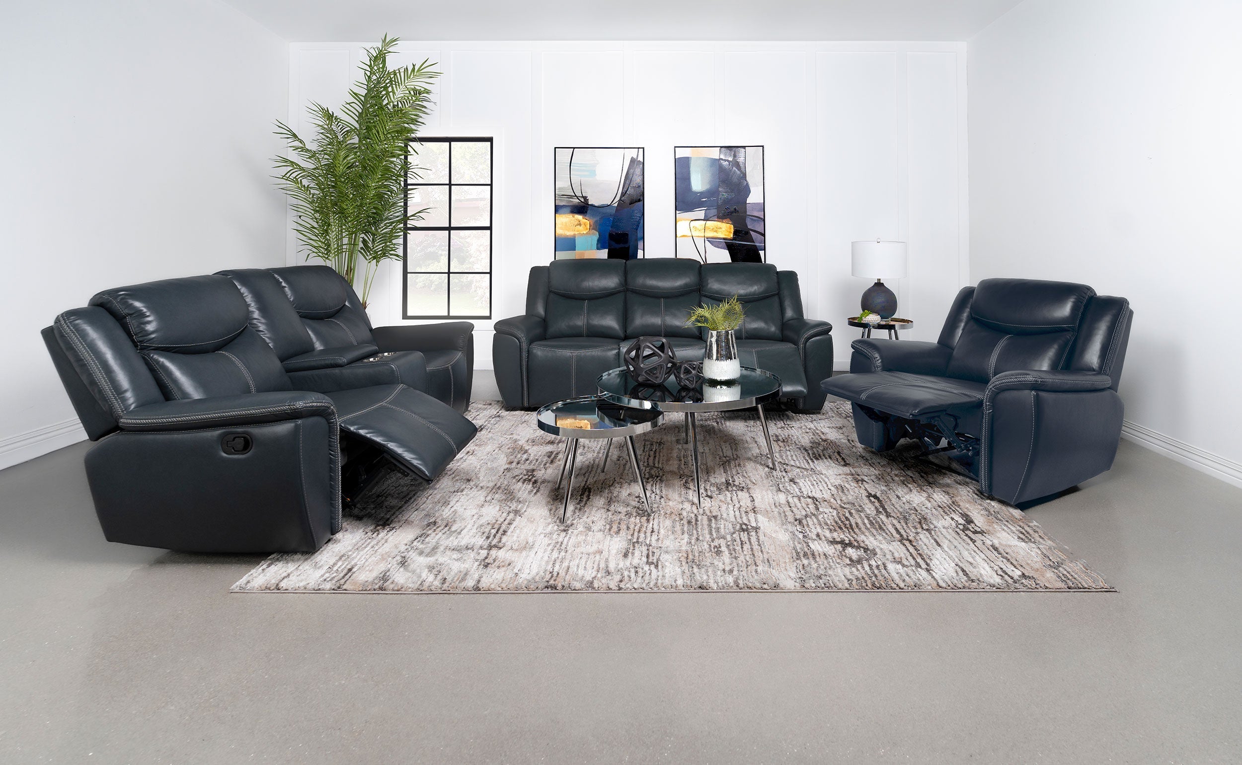 Sloane Upholstered Motion Reclining Sofa with Drop Down Table Blue