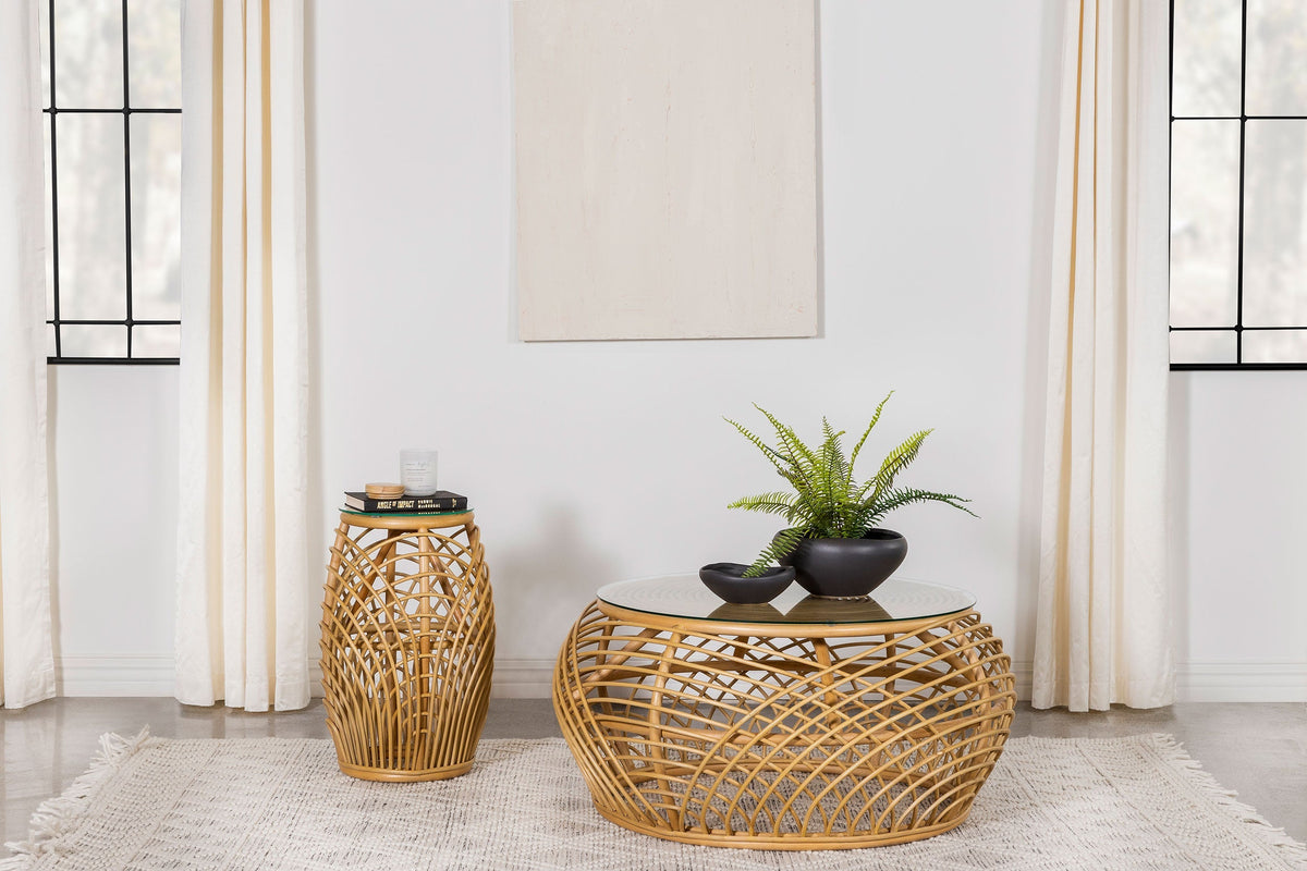 Dahlia  Round Rattan Coffee and End Table Set Natural