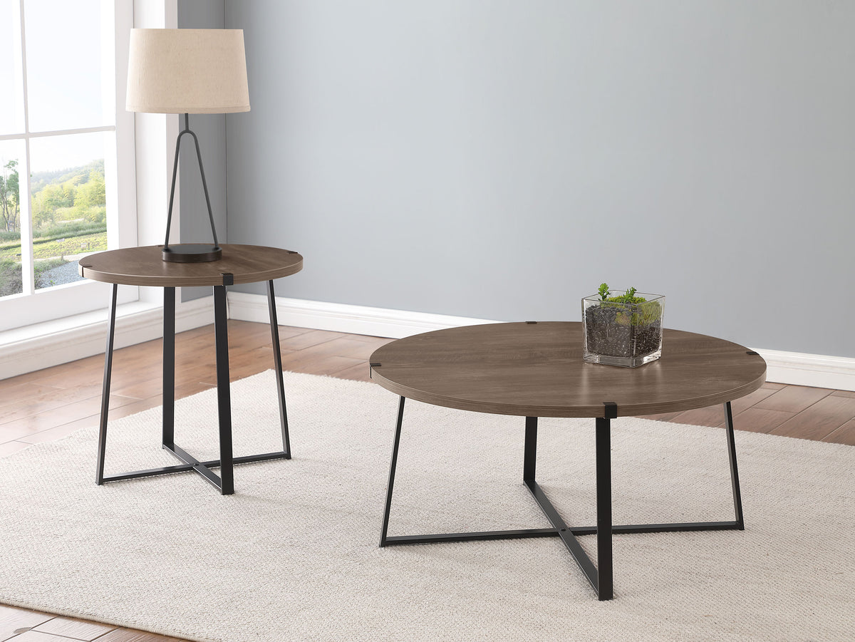 Marcus Round Coffee and End Table Set Light Brown