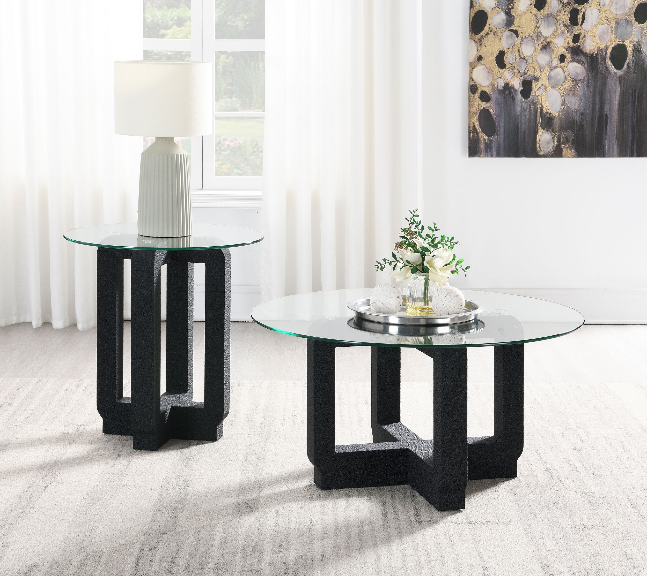 Acklin Round Clear Glass Top Side End Table Black