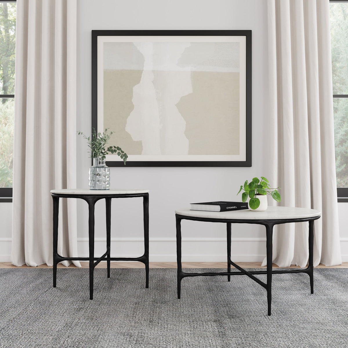 Hermas  Round Marble Coffee and End Table Set White