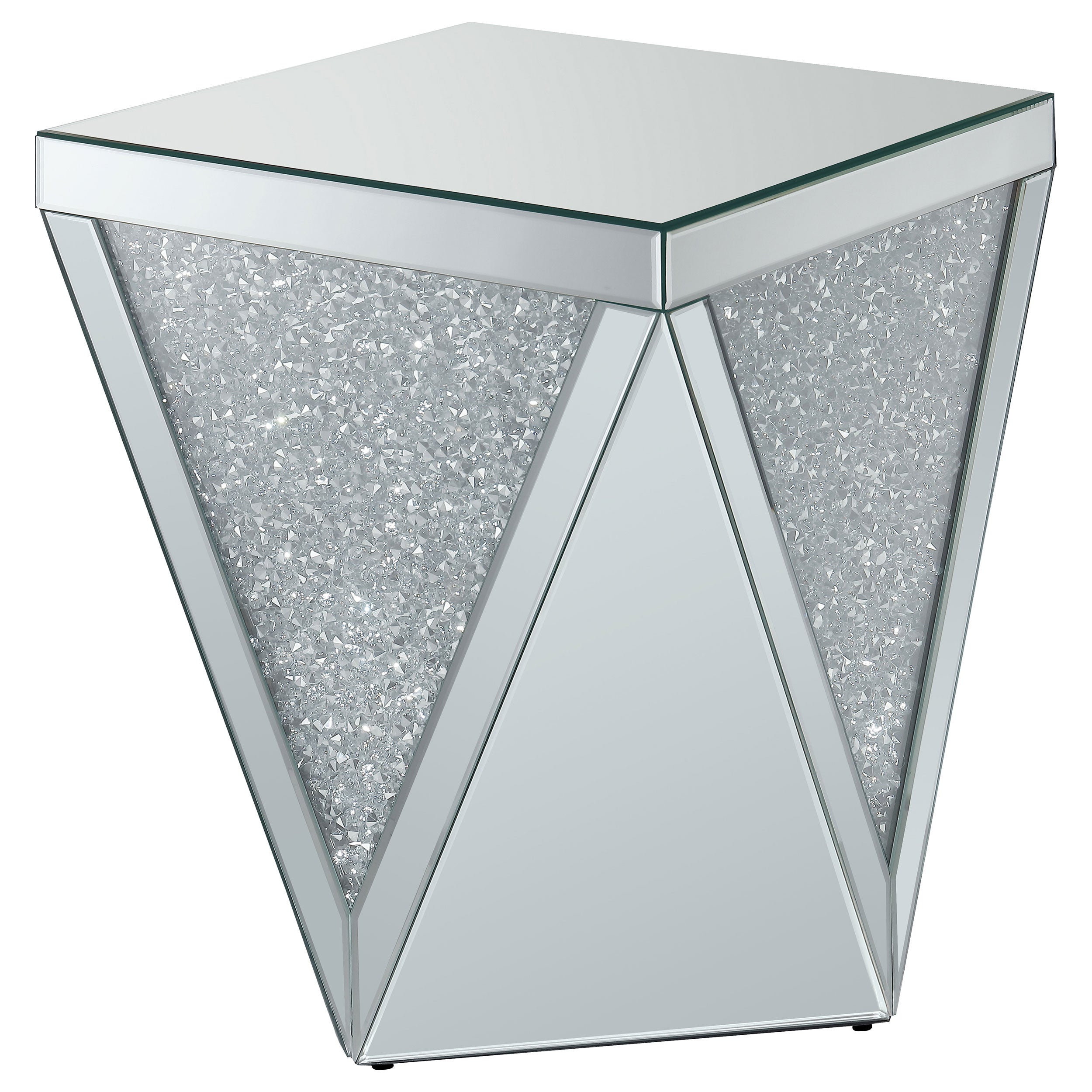 Amore Square End Table with Triangle Detailing Silver and Clear Mirror