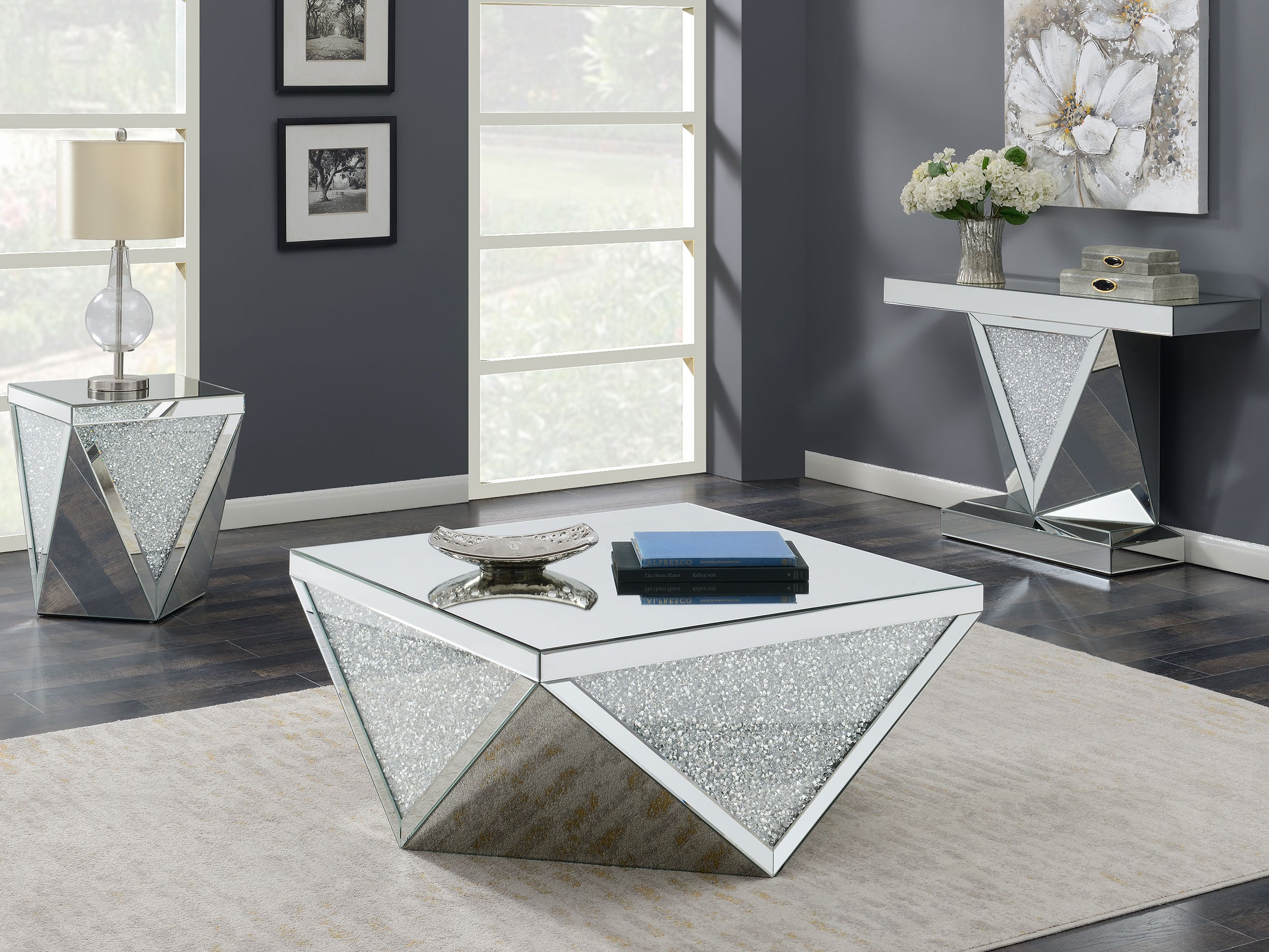 Amore Square Coffee Table with Triangle Detailing Silver and Clear Mirror