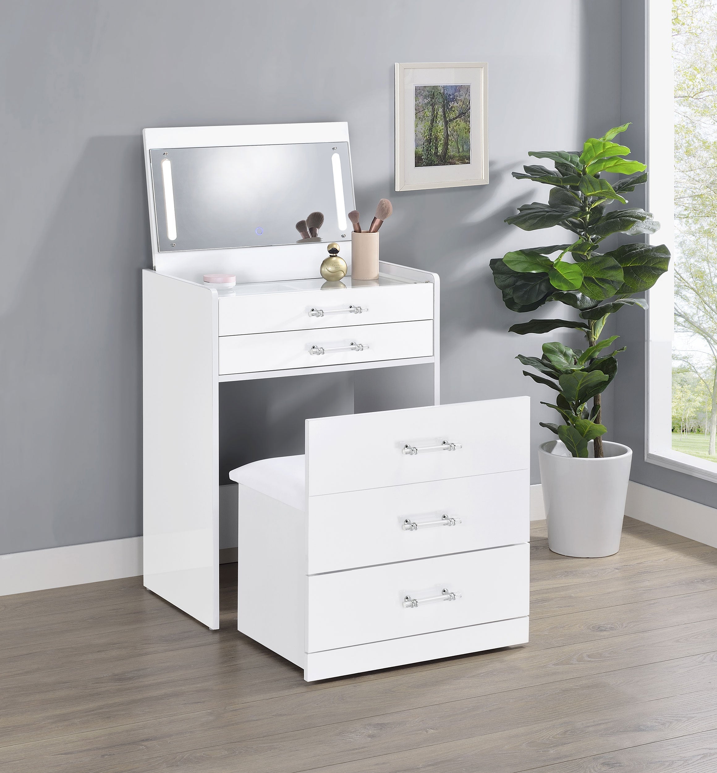 Danbury 3-drawer Makeup Vanity & Stool Set White High Gloss