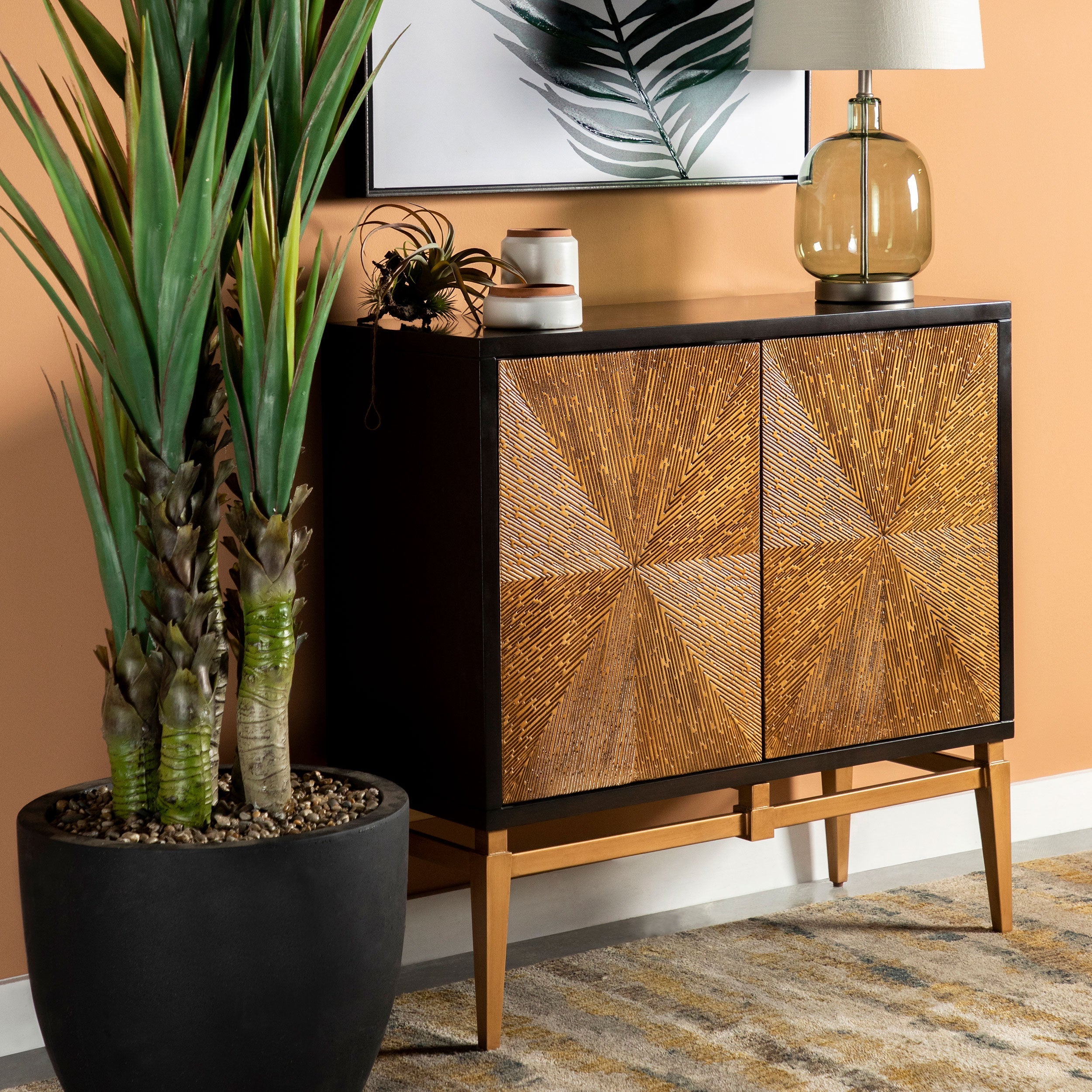 Zira Sunburst 2-door Accent Cabinet Brown and Antique Gold