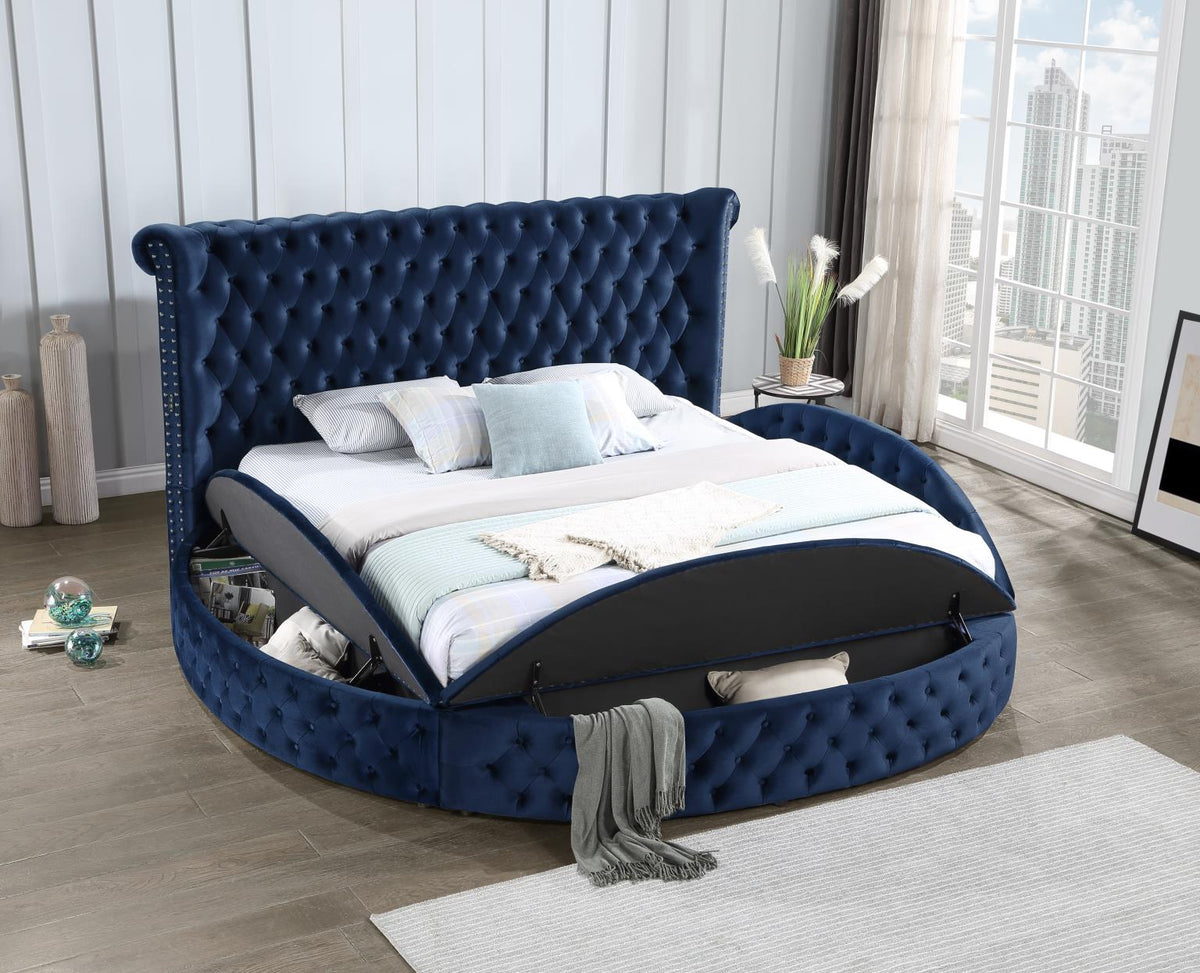 Blue Velvet King Bed W/Bluetooth Speaker & Usb