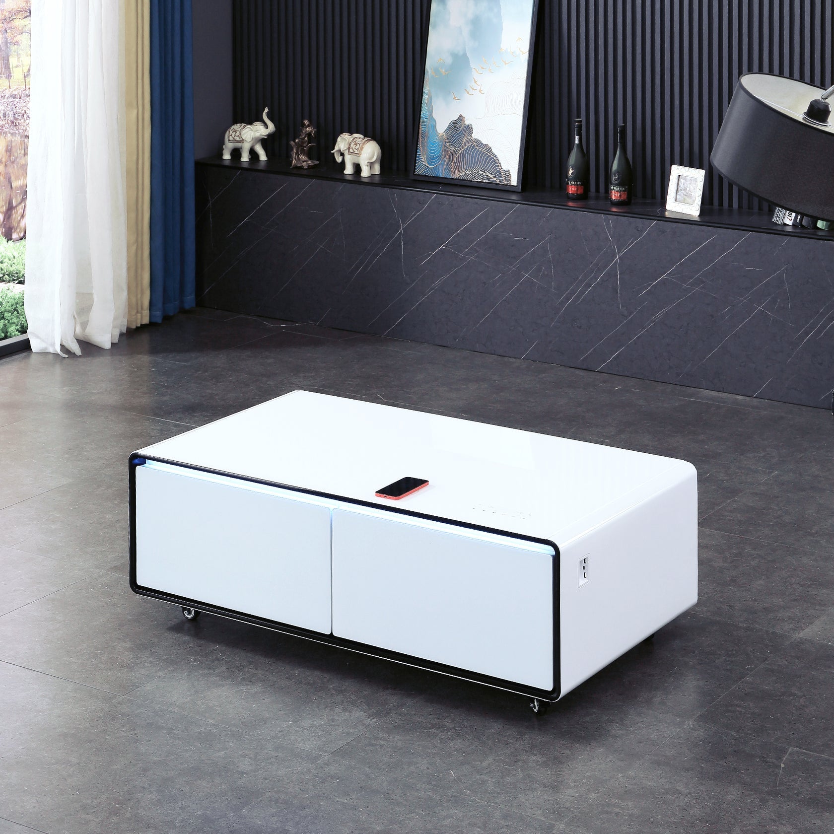 Framhild Coffee Table with Fridge and Bluetooth Speakers