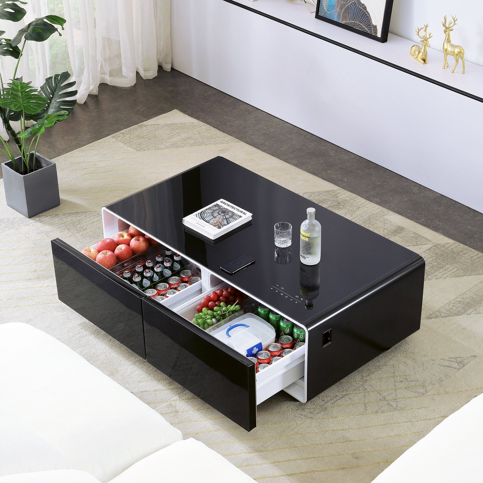 Framhild Coffee Table with Fridge and Bluetooth Speakers