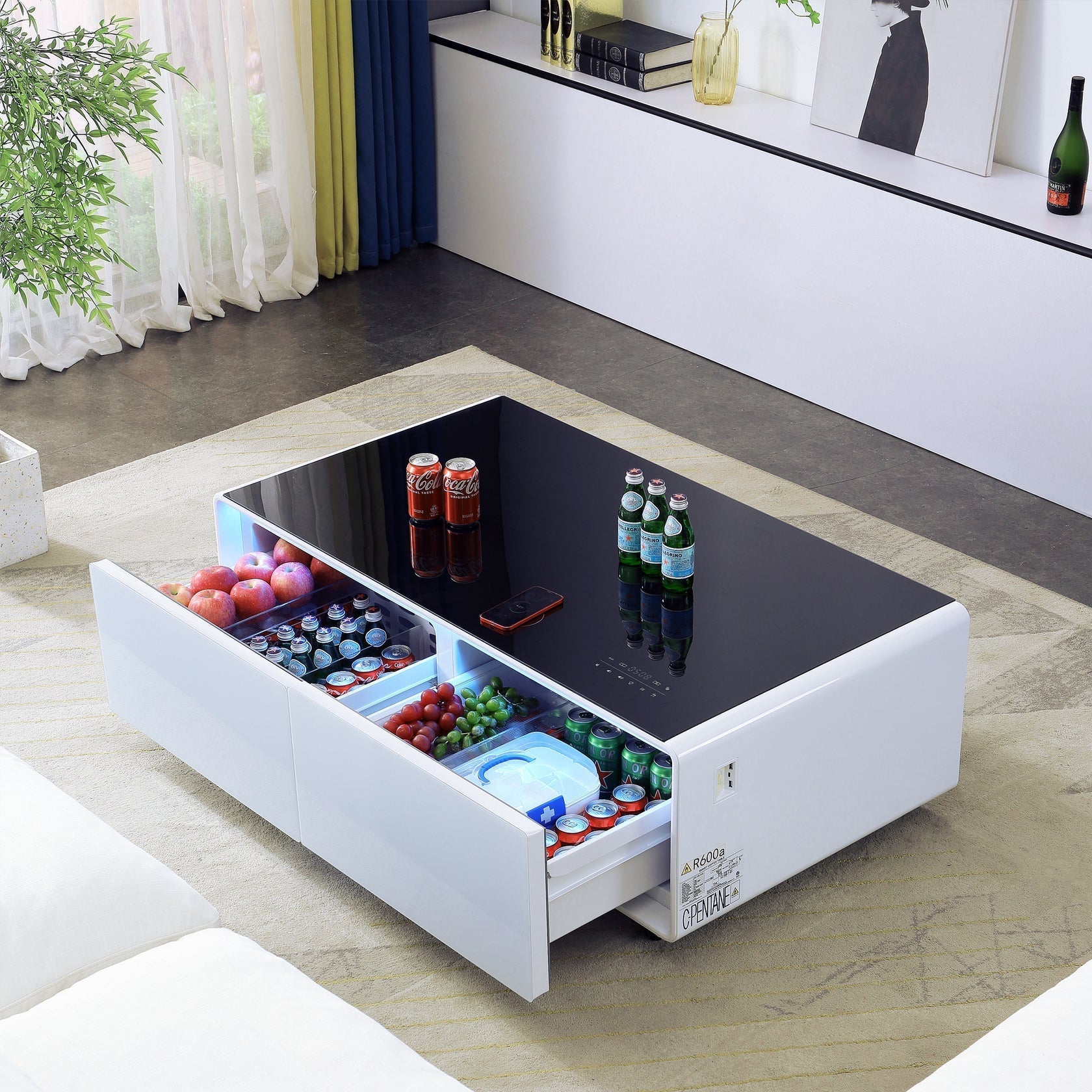 Framhild Coffee Table with Fridge and Bluetooth Speakers