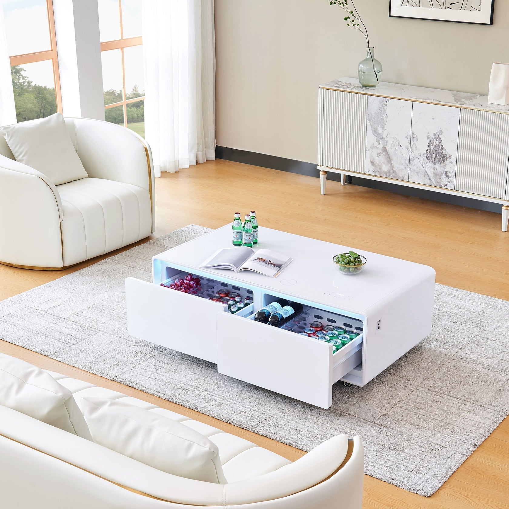 Framhild Coffee Table with Fridge and Bluetooth Speakers