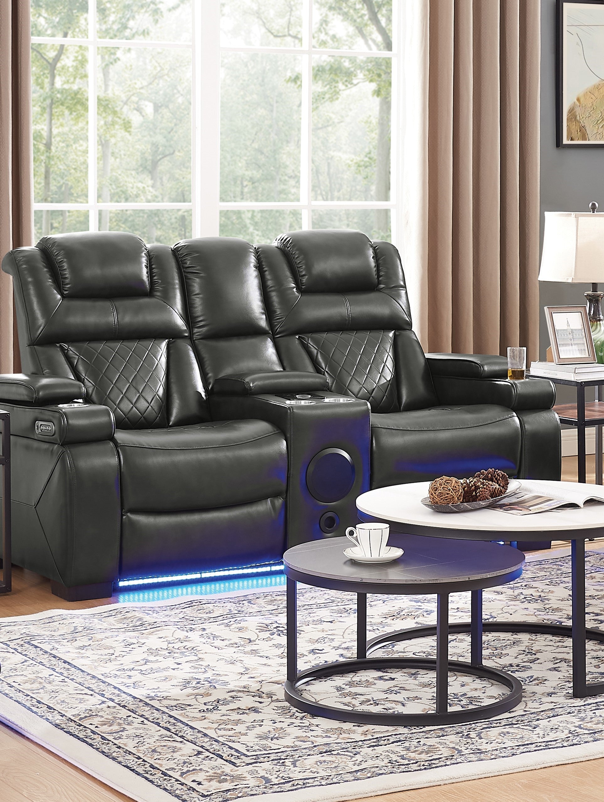 Walter Dual Power Reclining Seating w/ Led & USB & Drop Down Table & Reading Lights & Storage Arms