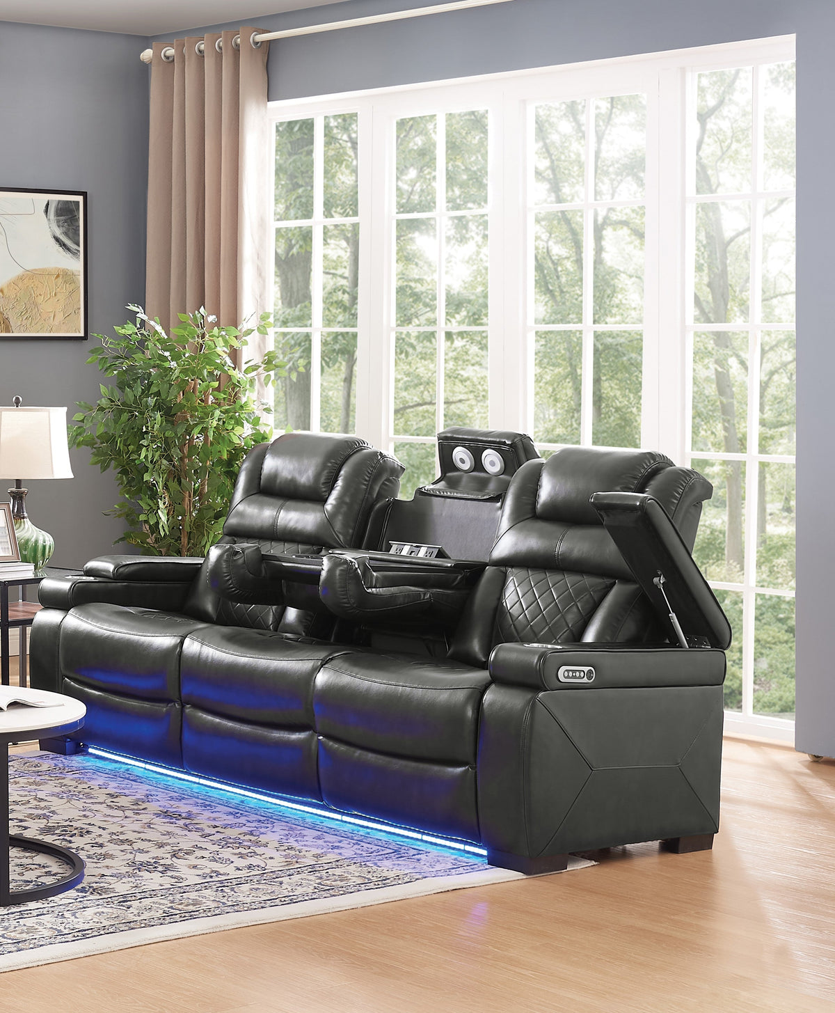 Walter Dual Power Reclining Seating w/ Led & USB & Drop Down Table & Reading Lights & Storage Arms