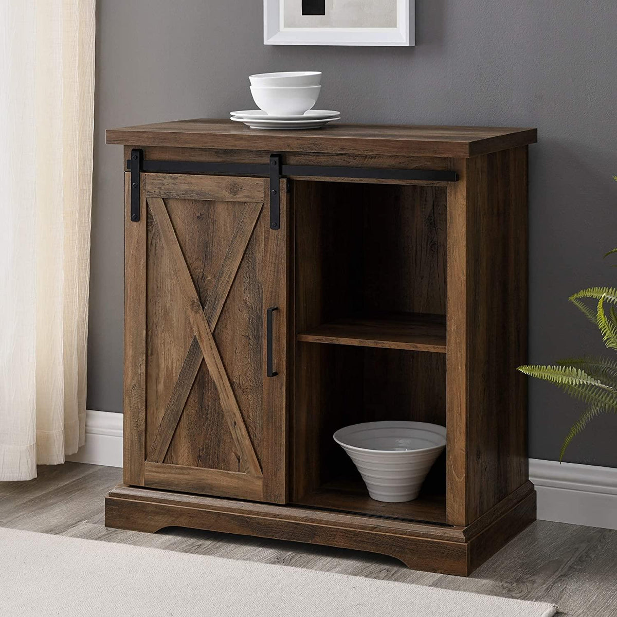 Alba Sliding Barn Door Farmhouse Accent Cabinet Rustic Oak Mdf/Metal 32X16X32H..